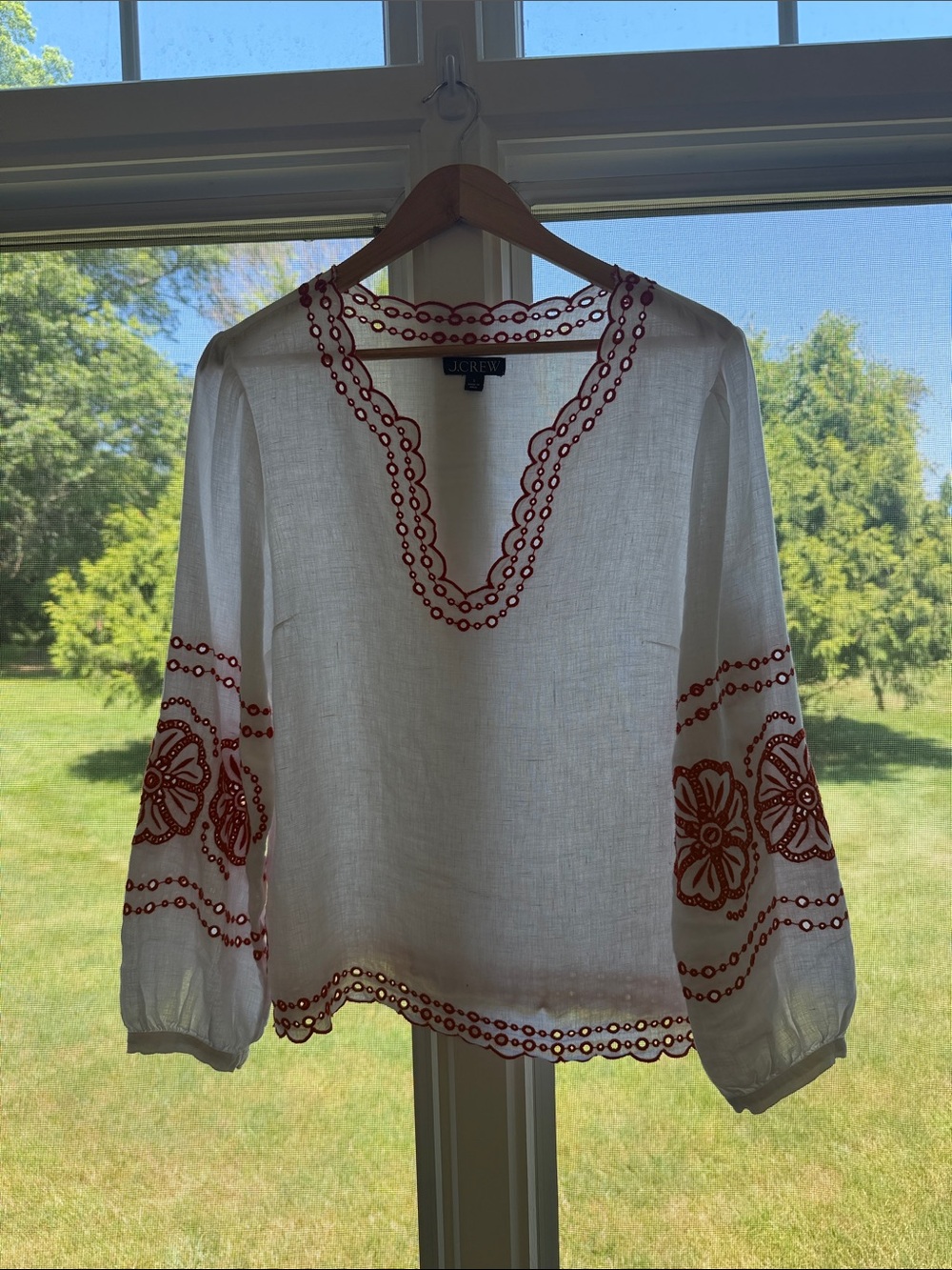 J. Crew Bungalow White Linen Peasant Blouse with Red Embroidered Trim Size S